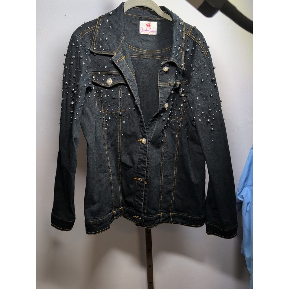QUACKER FACTORY Dark DENIM JACKET Pearl Like Beads Large‎ Bling Button L